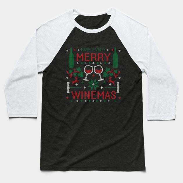 Merry Winemas Funny Wine Lover Ugly Christmas Sweater Design Baseball T-Shirt by TeeCreations